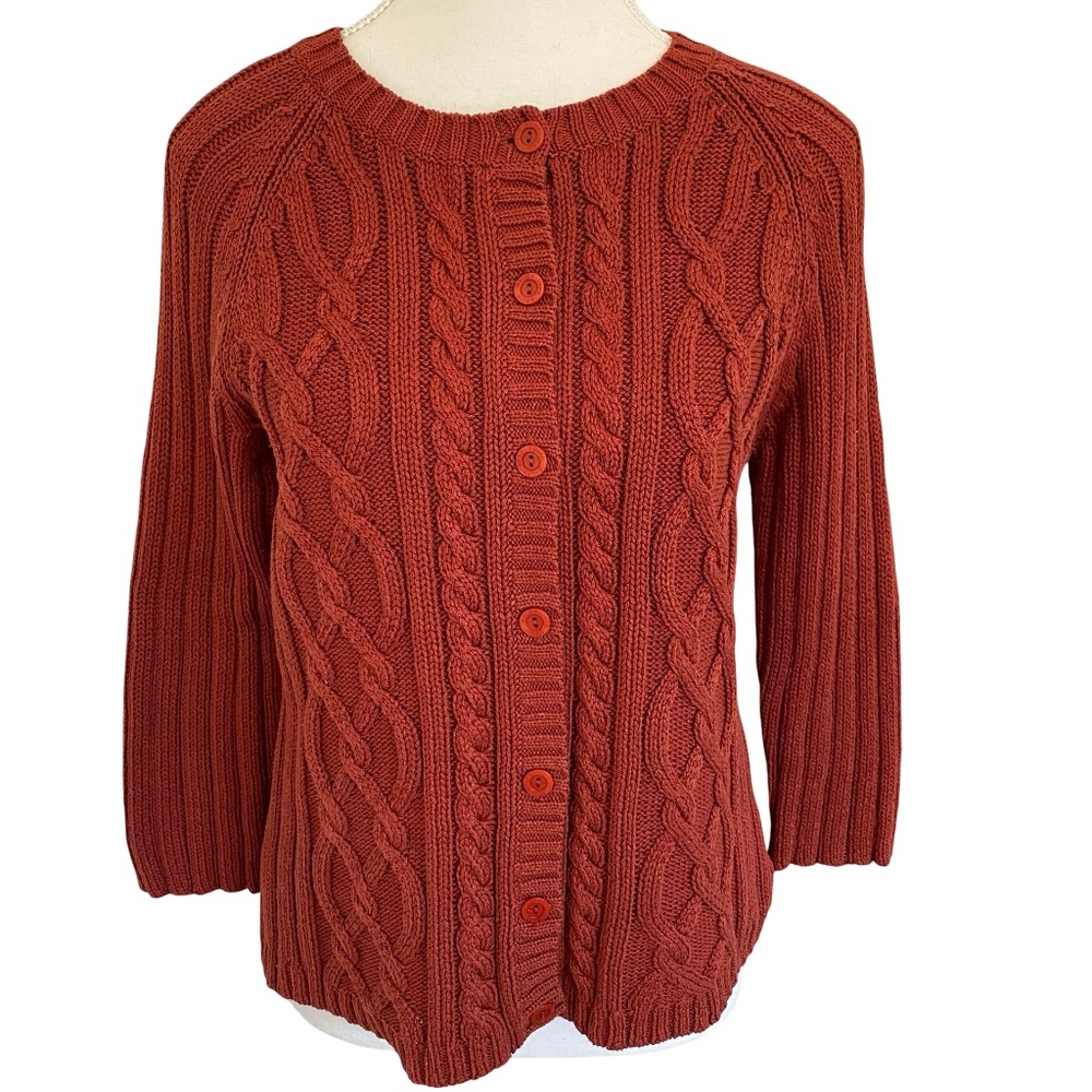 Eddie Bauer Womens Cotton Cable Hand Knit Rust Button Up Cardigan - Sz M